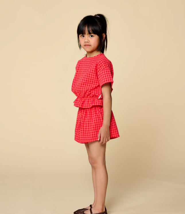 Ruffle Short Check Red - shorts - Petit Blush