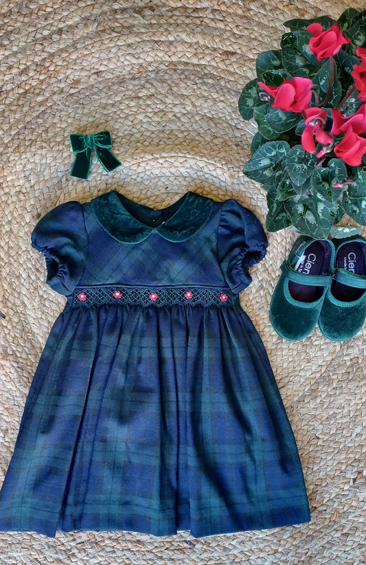 Abito tartan blu fiore rosso - Abiti - malvi