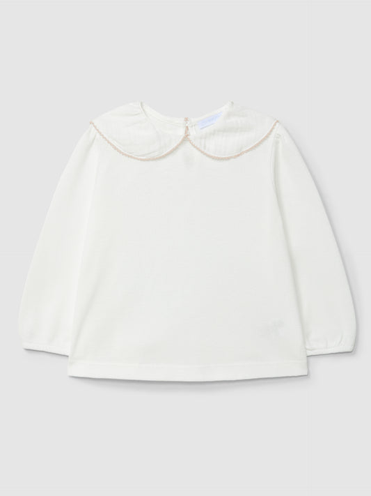 Maglia a maniche lunghe con colletto a nido d'ape e bordo a picot. - T-Shirt e Polo - Laranjinha