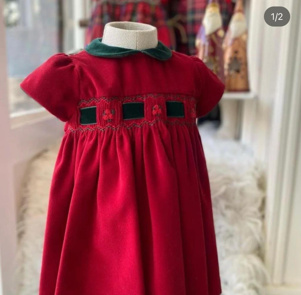 Abito velluto rosso collo verde - Abiti - LES ENFANT DE GISELLE