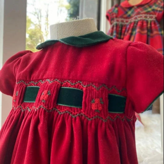 Abito velluto rosso collo verde - Abiti - LES ENFANT DE GISELLE