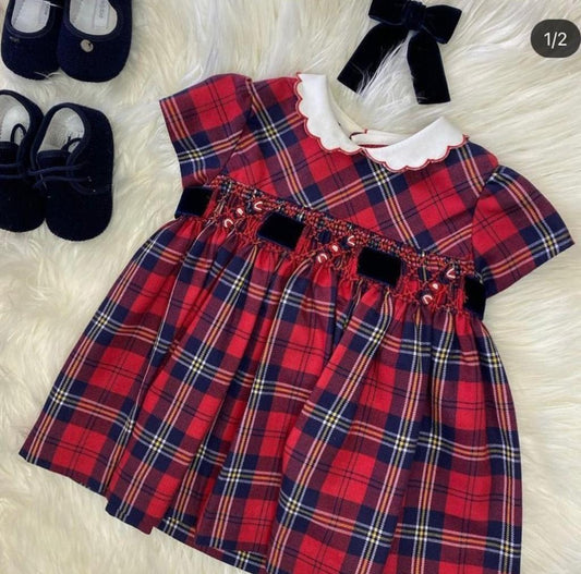 Abito tartan con collo fiore rosso - Abiti - LES ENFANT DE GISELLE